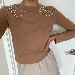 Nude brown pearled sweater shirt S